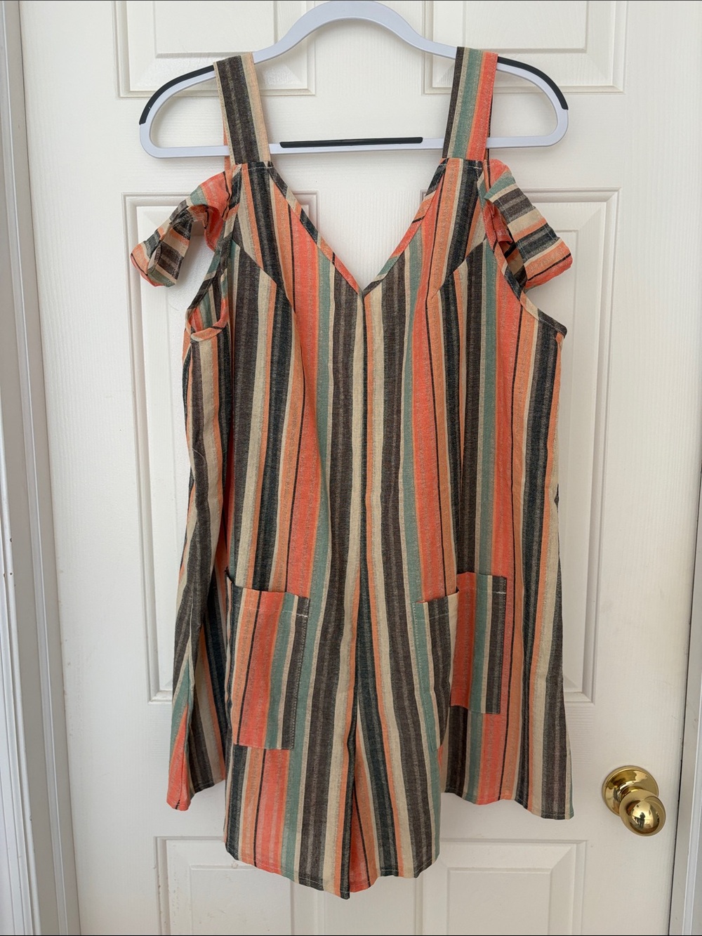 Striped Cold-Shoulder V-Neck Women's Top in Orange and Green